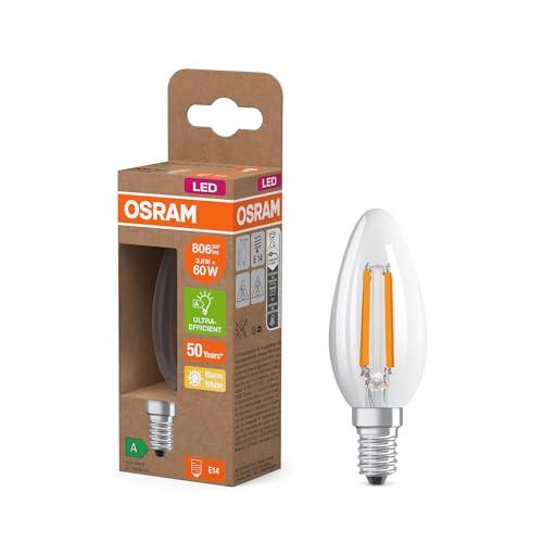 OSRAM classe energetica nella classica forma mini candela, 3,8 W / 806 lm, EEK A, luce bianca calda (2700 K), CRI 80, in vetro senza piombo di colore trasparente, attacco E14, IP20, diametro 35 mm.