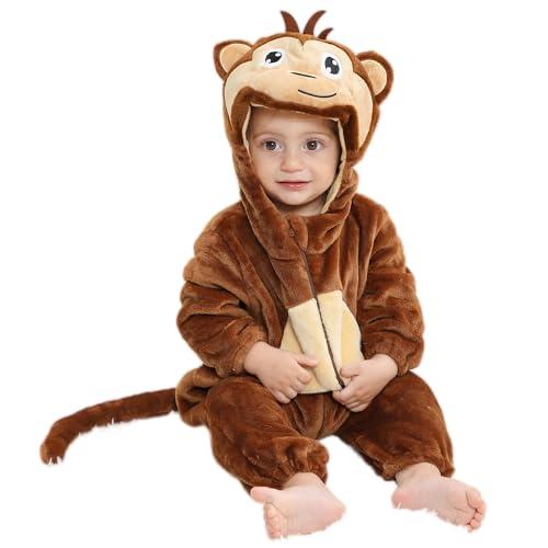 COOKY.D Tuta per Neonata con Cappuccio per Bambina e Bambino Body Autunno Inverno Calda in Flanella Outfit Animale Pigiama Costume Cosplay 24-30 Mesi,Scimmia Marrone Scuro