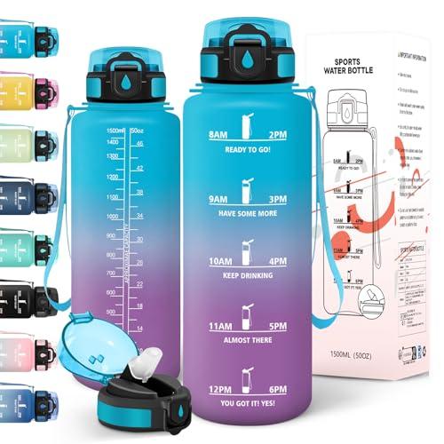 Motswedi Borraccia 1,5 litri, a Prova di Perdite, Borraccia Palestra, senza BPA, Borracce con Cannuccia, Con 2 Tappi, Bottiglia Acqua, Borracce 1 litro, Per Scuola, Ufficio, Sport, Blu Viola
