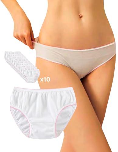 goMinisan Slip Donna, 10 Mutande confezionate singolarmente, 100% Cotone, monouso, USA e Getta, per Ospedale, maternità, Post Parto, Mutandine Gestante (IT, Testo, S, Regular, Regular, Bianco)