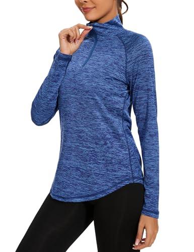 iClosam Maglia Sportiva Donna Manica Lunga Maglia Tecnica Trekking con Mezza Zip Maglietta da Corsa Traspirante Maglie Running Leggera Blu Scuro L