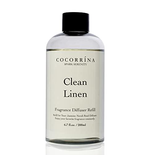 COCORRÍNA Ricarica Diffusore Ambiente 200ml con 8 Bastoncini, Clean Linen, Profumo Lungo Durata con Oli Essenziali Naturali, Camera da Letto e Bagno