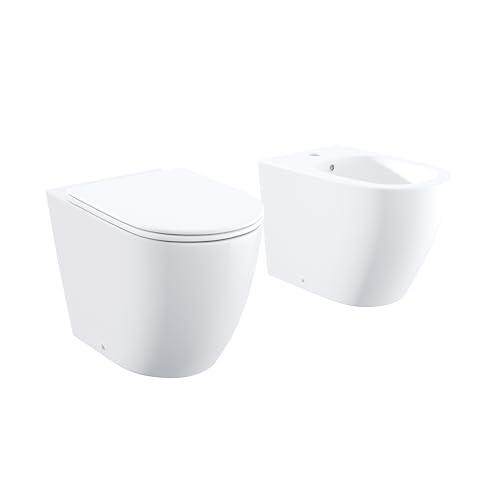 Sanitari filomuro in ceramica bianco lucido vaso rimless con copriwc soft-close e bidet Mod. Europa
