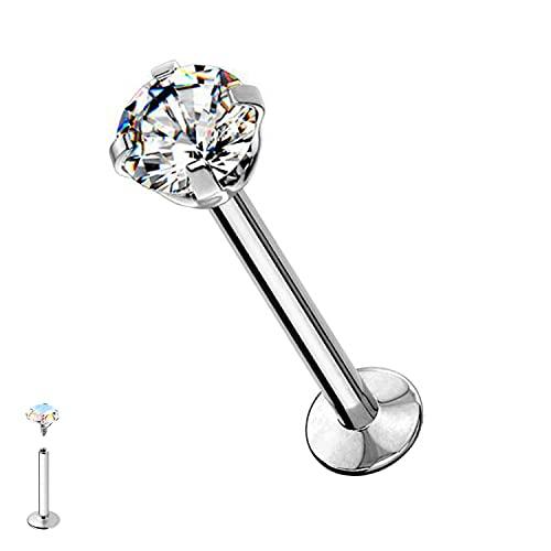 WARRIOR Piercing al Labbro/Labret Sterile Borchie per Naso Tragus Piercing Gioielli in Acciaio Chirurgico 316L 16G(1,2mm) con Cristallo Bianco 4mm Lunghezza 10 mm Filettura Interna