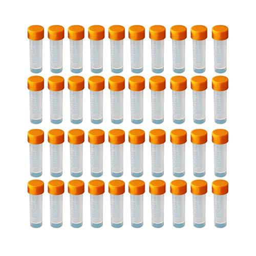 HUAZIZ 40 Pezzi Provette Graduate da 5 ml Laboratorio Provette in Plastica Trasparente 5ML con Tappo Arancione e Contrassegni Graduati