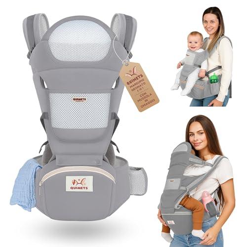 QUIMETS | Marsupio neonato 0-36 mesi ergonomico 6 in 1 – Zaino porta bambino regolabile con seduta removibile, supporto lombare, tessuto traspirante e mussola in omaggio