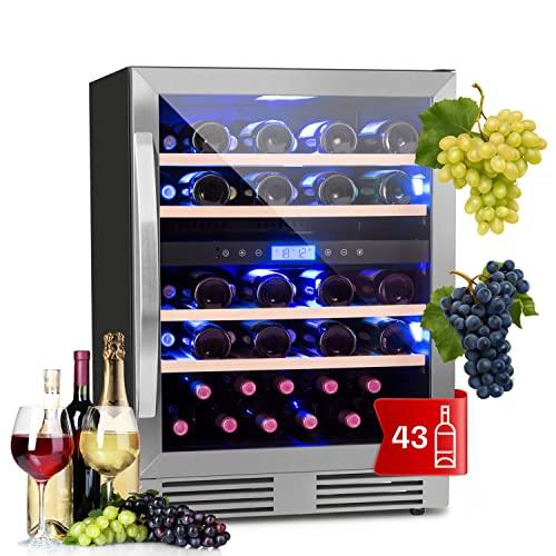 KLARSTEIN Cantinetta Vino Design da Incasso, Cantinetta Vino Refrigerata a Zona Doppia per Vino Rosso, Bianco e Birra, Controlli Touch, Frigo Vino Cantinetta per Esterno/Interno, 129L, 43 Bottiglie