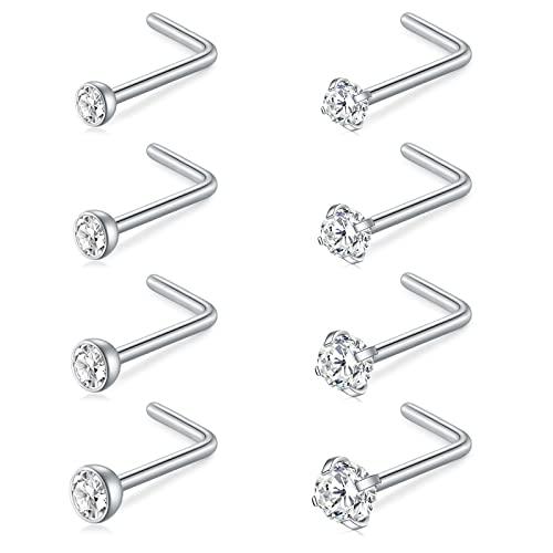 AceFun 18G Curved L-shaped Nose Studs 1MM Stainless Steel Nose Bar Nostril Piercing Diamond Cubic Zirconia Piercing Body Jewelry Silver 7MM