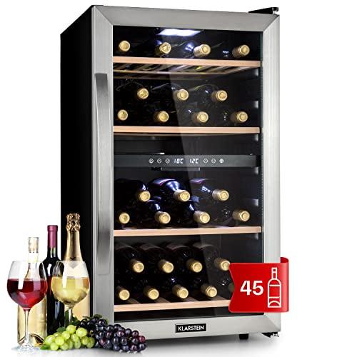 KLARSTEIN Cantinetta Vino, Cantinetta Vino Refrigerata a Zona Doppia per Interno/Esterni, Frigo Bar, Cantina Vino con Vetrina, Mini Bar con Protezione UV, Frigo Vino Touch, 5-18°C, 45 Bottiglie