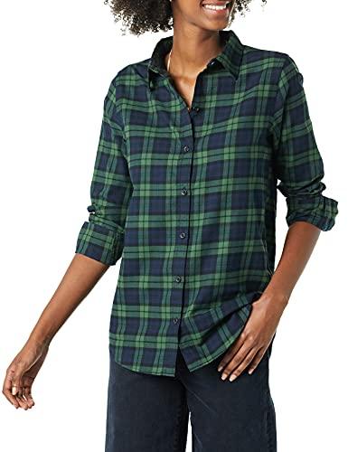 Amazon Essentials Camicia da donna in flanella a quadri leggera, a maniche lunghe, vestibilità classica, verde scuro blu navy, a quadri medi, M