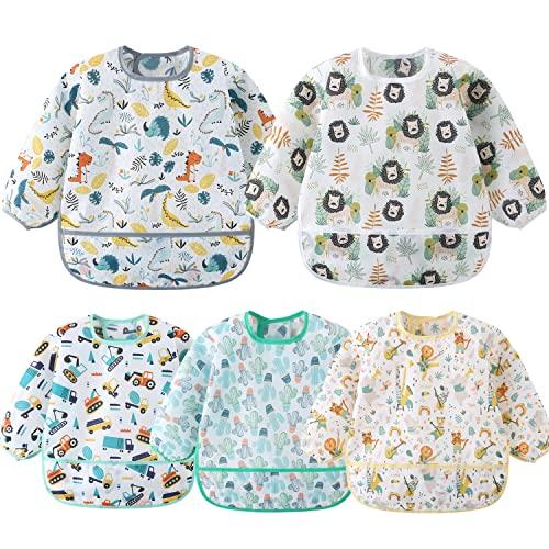 Yealoo 5 Pezzi Bavaglini con Maniche Impermeabile Bavaglino a Manica Lunga Grembiule Pappa 5-30 Mesi