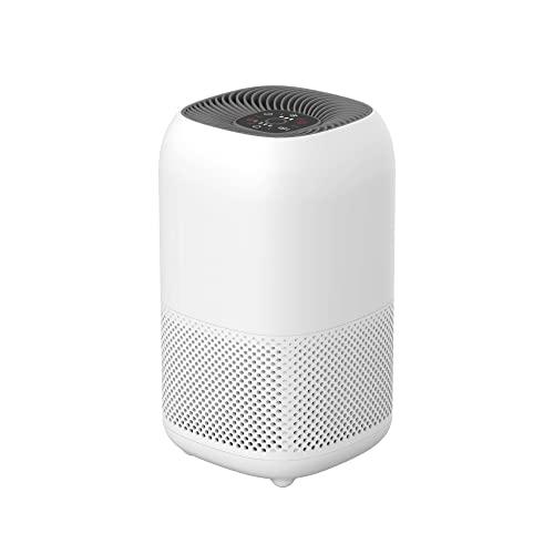 Amazon Basics - Purificatore d'aria, copre ambienti fino a 12 m2, con filtri True HEPA e ai carboni attivi, CADR 100 m3/h, rimuove il 99,97% di allergie a pollini, polvere, fumo, timer, Bianco