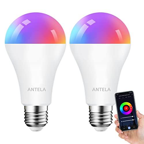 ANTELA Lampadine LED Alexa Inteligente WiFi E27 12W 1350LM, Dimmerabile Lampadina Smart, 94W equivalente, RGB & 2700K-6500K bianco freddo caldo, compatibile con Alexa/Google Home, 2 pezzi