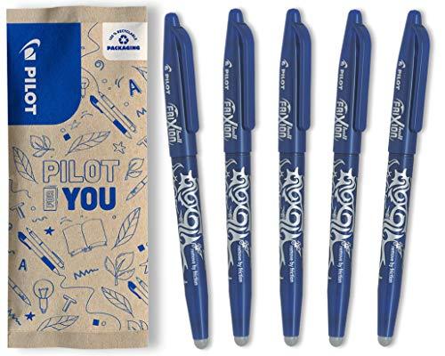 PILOT, Frixion Ball Pacco Da 5, Penna Cancellabile Al Calore Con Inchiostro Termosensibile, Penna Roller Ricaricabile con Gommino Integrato, Colore Blu, Penna Cancellabile Tratto Medio