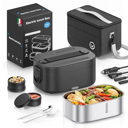 YEEFON Scaldavivande Elettrico Portatile 100W, 1,5L Porta Pranzo Riscaldabile con Borsa, Forchetta e Cucchiaio, 3 in 1 Lunch Box 220V/12V/24V, Acciaio Inox Rimovibile, per Auto Camion e Ufficio