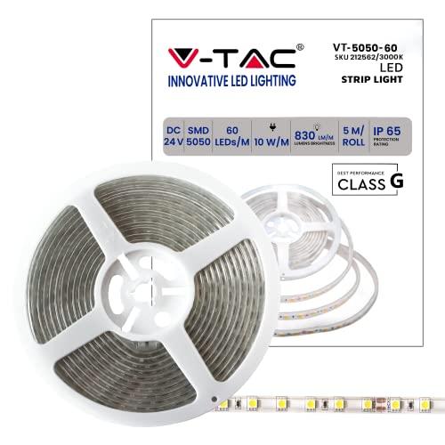 V-TAC Striscia Led da Esterno IP65 Impermeabile 10W - 5 Metri di Lunghezza - SMD 5050 Alta Luminosità - Luce 3000K Bianca Calda - Strisce Led - Strip Adesiva e Copertura in Silicone - 24 Volt