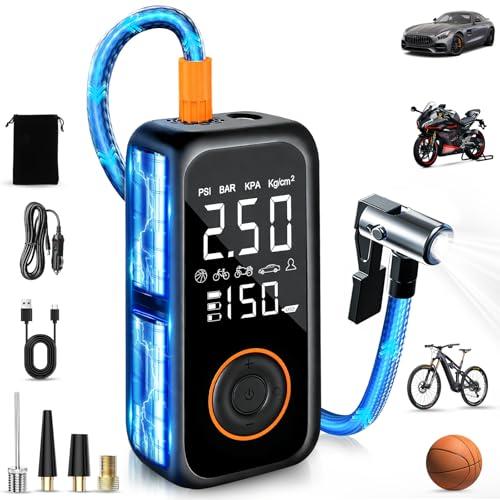 Compressore Aria Portatile Auto, 8000mAh Mini Compressore Portatile,150PSI Pompa Bici Elettrica con Schermo LCD Digitale e Torcia LED, Gonfiatore Pompa Elettrica per Bicicletta, Auto, Moto, Palloni