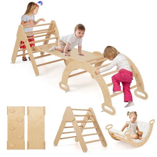 COSTWAY 3 in 1 Set da Arrampicata per Bambini, Giocattoli da Arrampicata a Triangolo con Triangolo Arco e Salita, Ideale per Bambini 1 Anni + (Naturale, con cuscino)