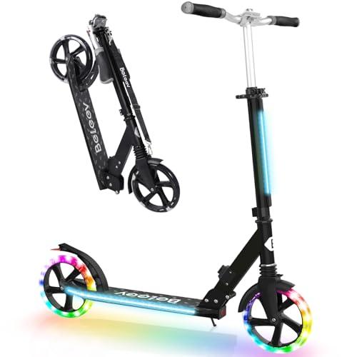 BELEEV Monopattino Pieghevole, Altezza Regolabile, Scooter con Ruote Grandi 200mm, LED Illuminate Ruote, Stem, Deck, Cinghia di Trasporto, per Bambini e Adulti Fino a 100KG