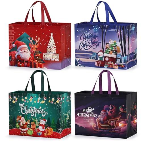 BBLIKE 4 Sacchetti Regalo Natale Grandi – 43 x 32,5 x 18 cm, Sacchetti di Natale non Tessuti con Manici, Sacchetti Regalo di Natale con Babbo Natale, Alce, Design albero di Natale