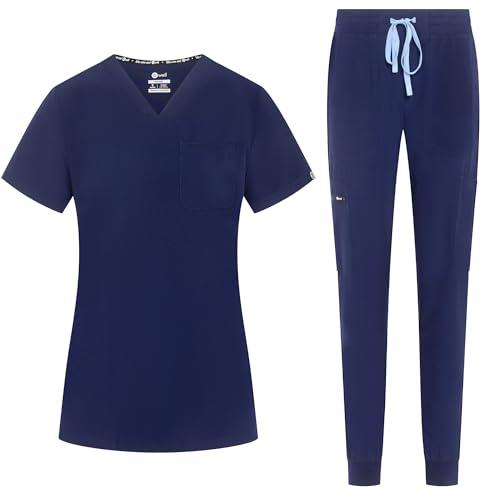B-well NAOMI Divisa Sanitaria Donna Elastica | Uniforme Sanitaria Donna | Set con Casacca e Pantaloni Stile Jogger| Divise Sanitarie | con Spandex Blu scuro, S