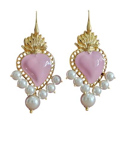 Orecchini Chandelier con Cuori Sacri Smaltati e Perle di Maiorca