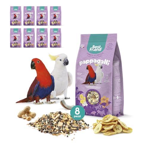 Best Friend Mangime Completo per Pappagalli con Arachidi sgusciate, Cocco e Banane Disidratate. Mangime per gli uccelli con Ingredienti Naturali, Qualità 100% Made in Italy | Confezione da 8 pacchi