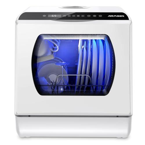 AIRMSEN Mini Lavastoviglie da Tavolo 5+1 Programmi, Serbatoio 5L, 2 Modi di Approvvigionamento Idrico, Touch Control e Display LED, Ideale per Cucine, Appartamenti e Dormitori, Bianco