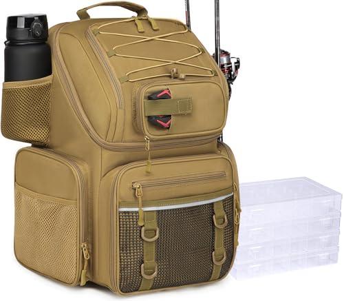 Zaino da Pesca con Scatole (Incluse), Borsa per Pesca da 50 l con Vano Frigo, Scatola Impermeabile, Grande Fishing Bag Backpack per Campeggio e Avventure All'aria (Marrone)