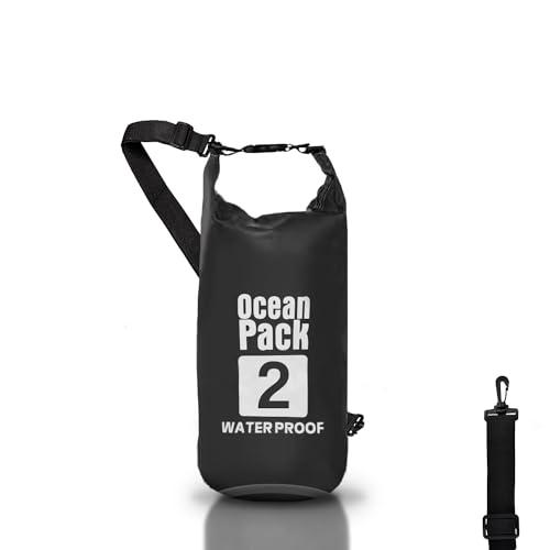 Dry Bag, Borsa Sacca Zaino Impermeabile Waterproof, chiusura a rotolo e tracolla, custodia impermeabile per cellulare e marsupio per Mare Barca Pesca Rafting Spiaggia Sport Acquatici (Black, 2l)