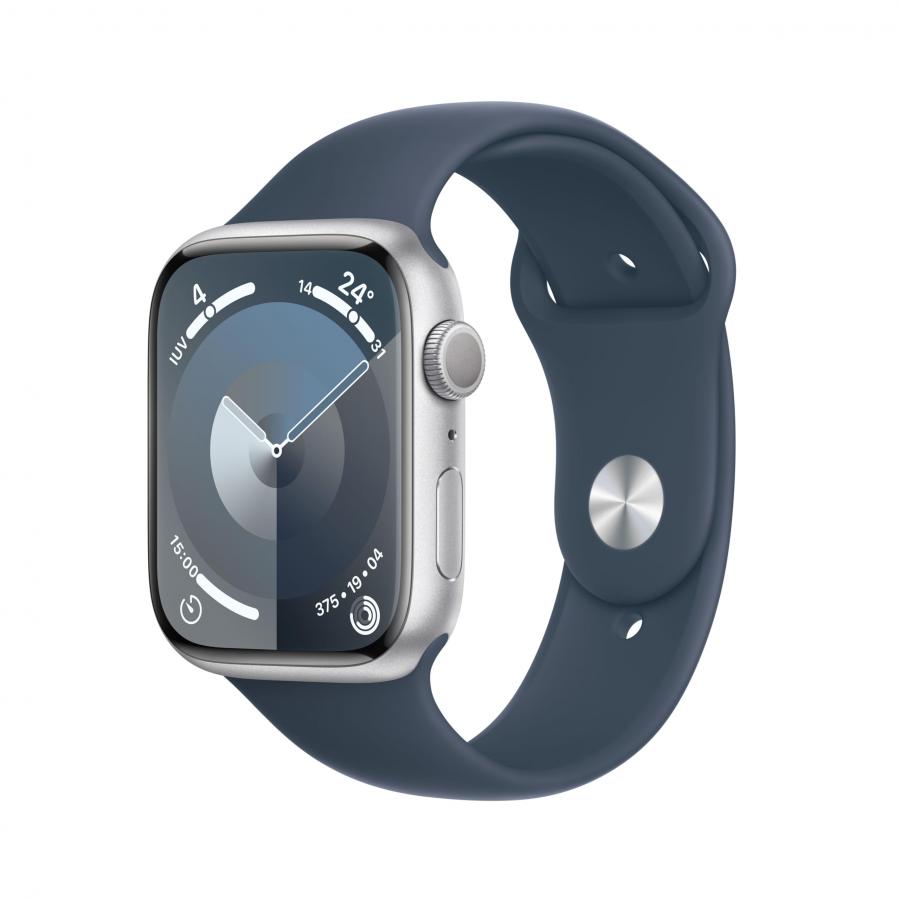 Apple Watch Series 9 GPS 45mm Smartwatch con cassa in alluminio color argento e Cinturino Sport blu tempesta - M/L. Fitness tracker, app Livelli O₂, display Retina always-on, resistente all’acqua