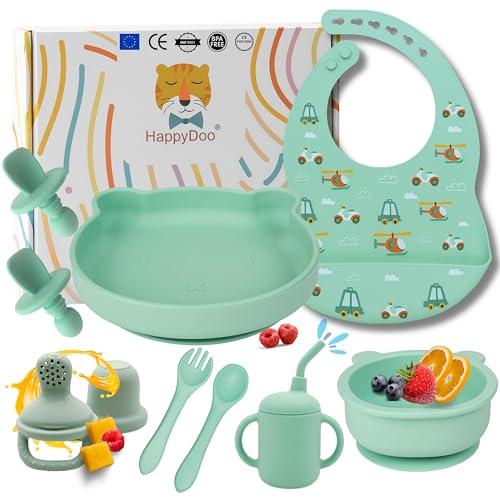 HappyDoo - Set Pappa Svezzamento Bambini - Piattino Pappa Svezzamento + Tazza ventosa bambini + Cucchiaio e bavaglino in silicone - Set Svezzamento prima pappa - No BPA