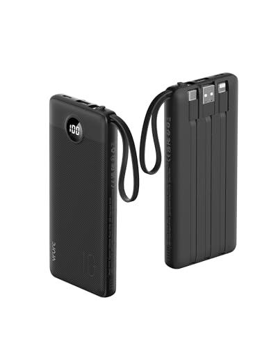 VRURC Power Bank 10000mAh Slim con Cavi Integrati, USB C Powerbank con 4 Uscite & 2 Ingressi, Caricatore Portatile LED Digitale Display Ideale per Viaggio di Lavoro - Black