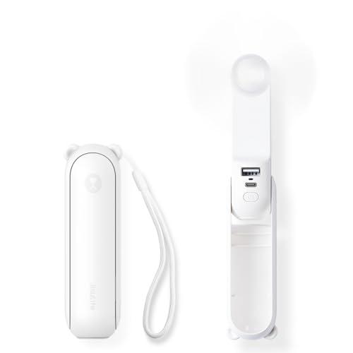 JISULIFE Mini ventilatore portatile, ventilatore a mano 3 in 1, ventilatore tascabile ricaricabile, ventilatore a batteria [12-19 ore di lavoro] con batteria esterna, funzione torcia bianca