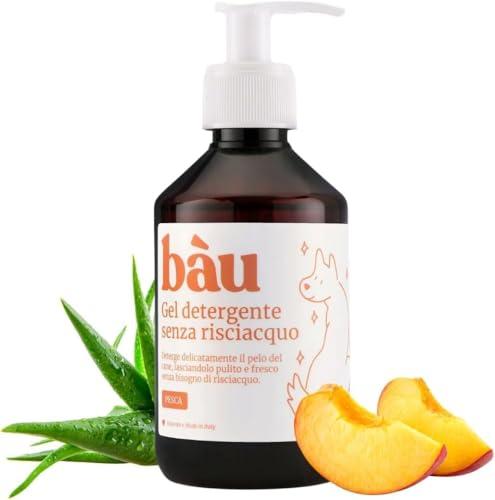Bau Cosmesi Gel Detergente Senza Risciacquo, Shampoo Secco per Cani, Igienizzante e Idratante - Senza Parabeni e Siliconi, Naturale e Bio con Aloe Vera - Pesca, 250 ml