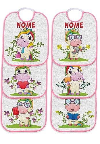 Set Asilo DA 6 Bavetta Bavaglino con elastico personalizzato con nome del bambino (Set da 6 bavette Unicorni Bordo Rosa)