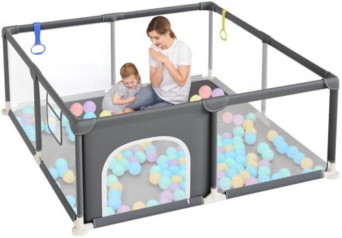 Dripex Box Bambini 124x124 cm, Recinto per Bambini, Box Neonato, Recinto Neonato con Rete Traspirante, Tessuto 210D Oxford, 2 Pezzi Anelli, Grigio scuro