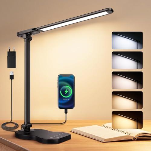 Lampada da Scrivania LED, Lampada da Tavolo 5 Colori e 10 Livelli di Luminosità, Porta USB/Timer/Tocca Controllo, Protezione Gli Occhi LED Luce per Lettura, Lavoro, Studiare(Nero)