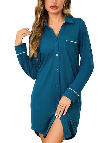 Bresdk Camicia da Notte Donna Aperta Davanti Invernale Cotone Manica Lunga Pigiama con Bottoni Loungewear Parto Ospedale Allattamento Premaman, Blu Pavone, L