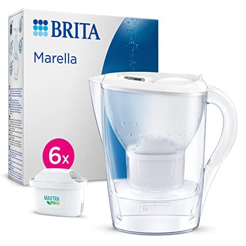 BRITA Caraffa filtrante Marella bianca (2.4L) incl. 6 x filtri MAXTRA PRO All-in-1 che riduce cloro, calcare e PFAS - Adatta al frigo, Memo digitale e riempimento comodo - in confezione sostenibile