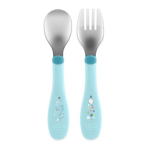 Chicco Posatine Inox, Posate Bambini, Set Pappa, Forchetta e Cucchiaio per Bambini, in Acciaio Inossidabile, Facili da Impugnare, Set Svezzamento Prima Pappa, 2 Pezzi, 18M+, Azzurro