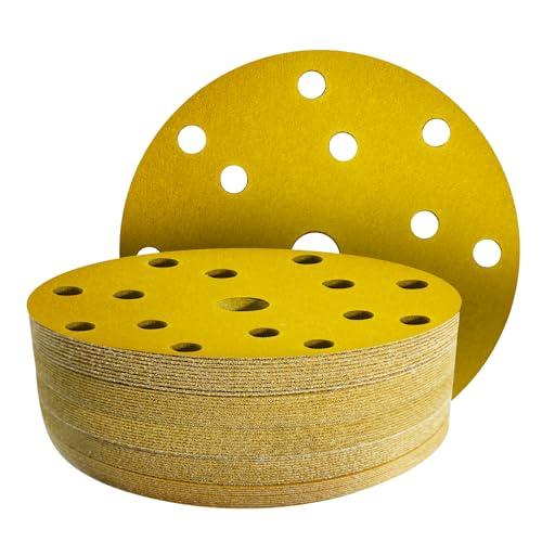 GZKTY 50 Pezzi Dischi Abrasivi 150mm, Grana 60/80/120/180/320, 15 Fori Carta Vetrata per Levigatrice Orbitale, Legno e Metallo, Carta Abrasiva per Levigatura e Lucidatura