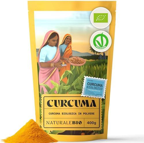 NaturaleBio Curcuma in Polvere Bio 400g | Senza Glutine, Non OGM, Senza Additivi né Coloranti Artificiali | Prodotta Sostenibilmente in India | Ricca di Curcumina, Perfetta per Cucina, Tè e Rimedi
