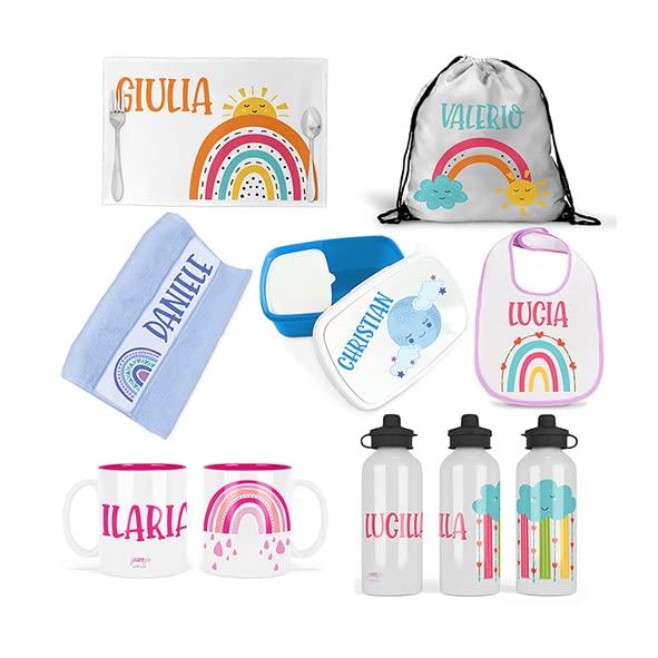 Set Coordinato Personalizzato per Scuola e Asilo – Arcobaleno Boho con Sole, Nuvole e Luna – Zainetto, Borraccia, Portamerenda, Tazza, Tovaglietta, Asciugamanino e Bavaglino
