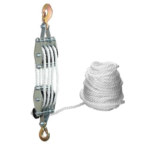 QWORK® Puleggia per paranco a fune 2000 kg - Acciaio zincato - 8 pulegge - Sollevamento 2,4 m - Fune in nylon resistente da 20 m