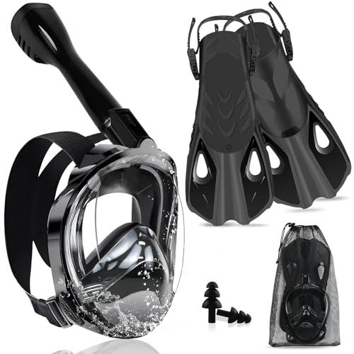 Joellfuner Set da Snorkeling per Adulti, Maschera Subacquea Integrale, 180° Visuale Panoramica, Anti-Appannamento e Anti-perdite, Pinne Regolabili, Adatto alle Immersioni e al Nuoto (Nero, L/XL)