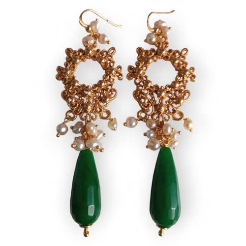 Orecchini Chandelier in Ottone con Perle di Fiume e Agata Verde a Goccia