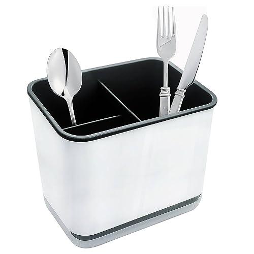 XFLYP Portautensili per Posate, Scolapiatti Multifunzionale con 3 Scomparti e Scarichi per Posate, Forchette, Coltelli, Cucchiai, Ideale per Lavello da Cucina, Piano di Lavoro (Nero)