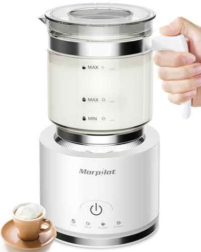 Morpilot Milk Frother, Montalatte Elettrico in Vetro, 4 in 1 Funzione, Bello da Vedere, Capacità 250ml per Schiumare o 500 ml per Riscaldare, Design Diviso, Bianco