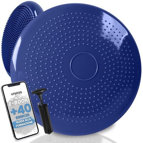 unycos - Cuscino Propriocettivo per Riabilitazione e l'Equilibrio Ø34 cm【Include Pompa | Esercizi E-Book】Disco Ortopedico Gonfiabile, Balance Board per Postura, Allenamento, Fitness (Blu Scuro, Basic)